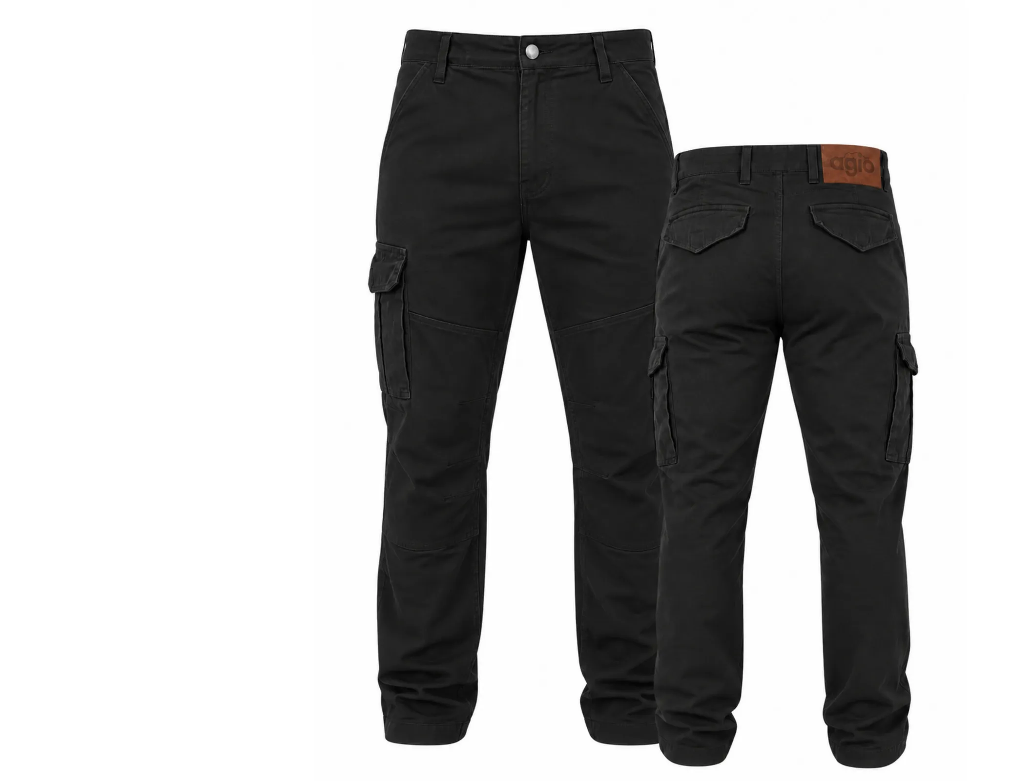 Pantalón de trabajo cargo elastizado Agio negro, de frente y de espalda, con la etiqueta de cuero en la cintura