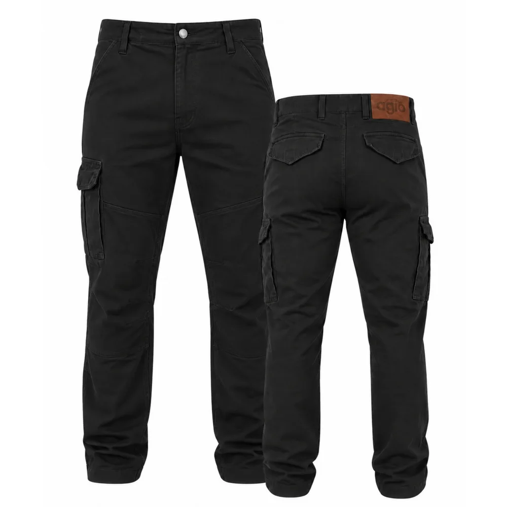 Pantalón cargo elastizado Agio negro, vista de frente y de espalda