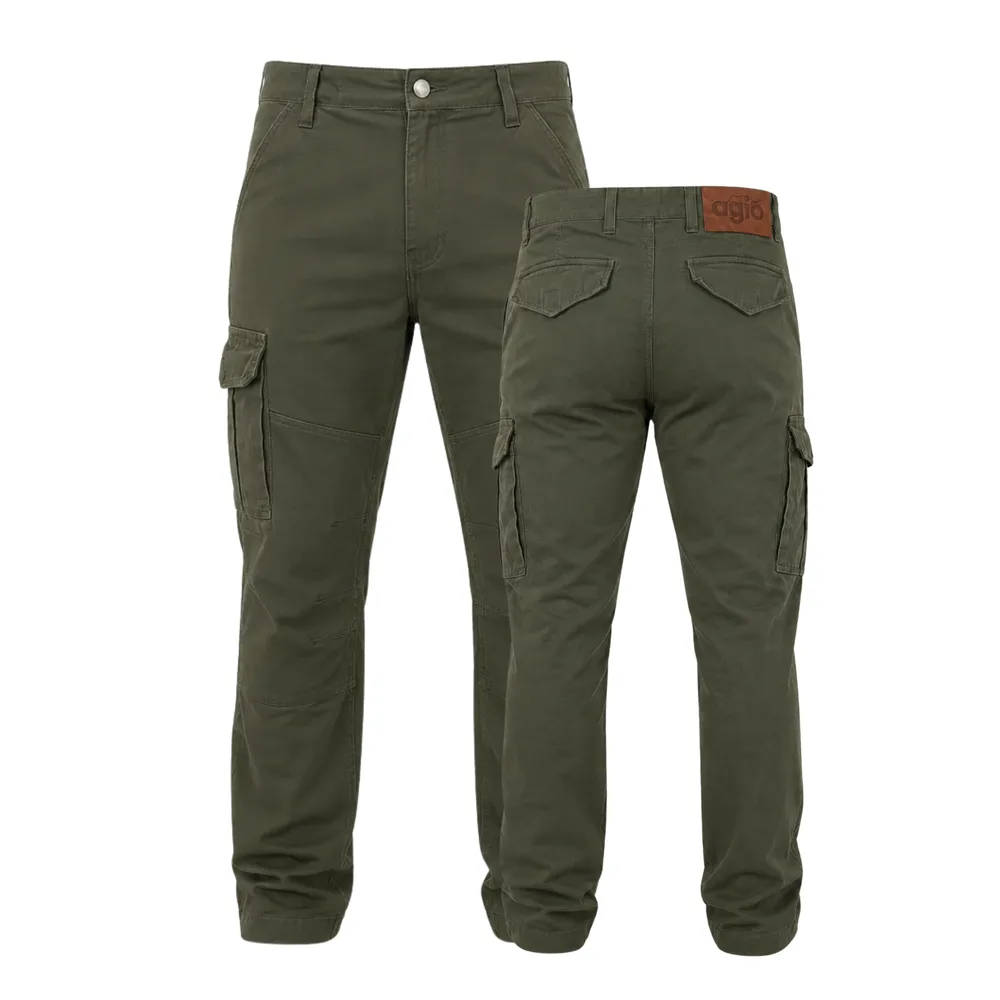 Pantalón cargo elastizado Agio verde, vista de frente y de espalda