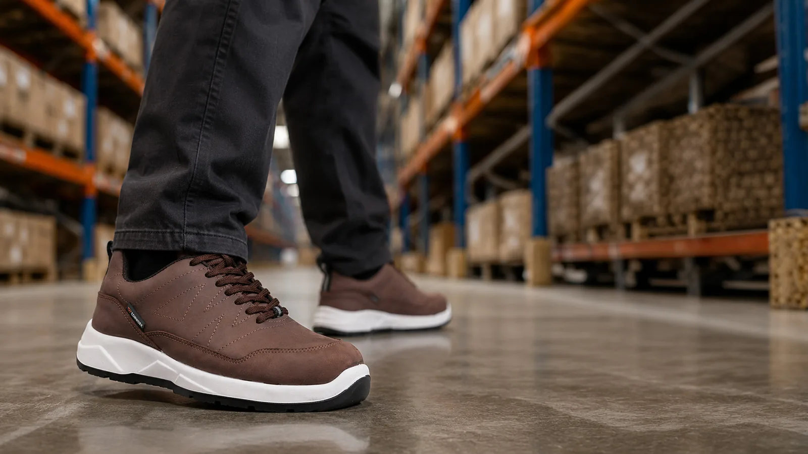 Trabajador con zapatillas de seguridad Conwork marrones caminando en un depósito con estanterías