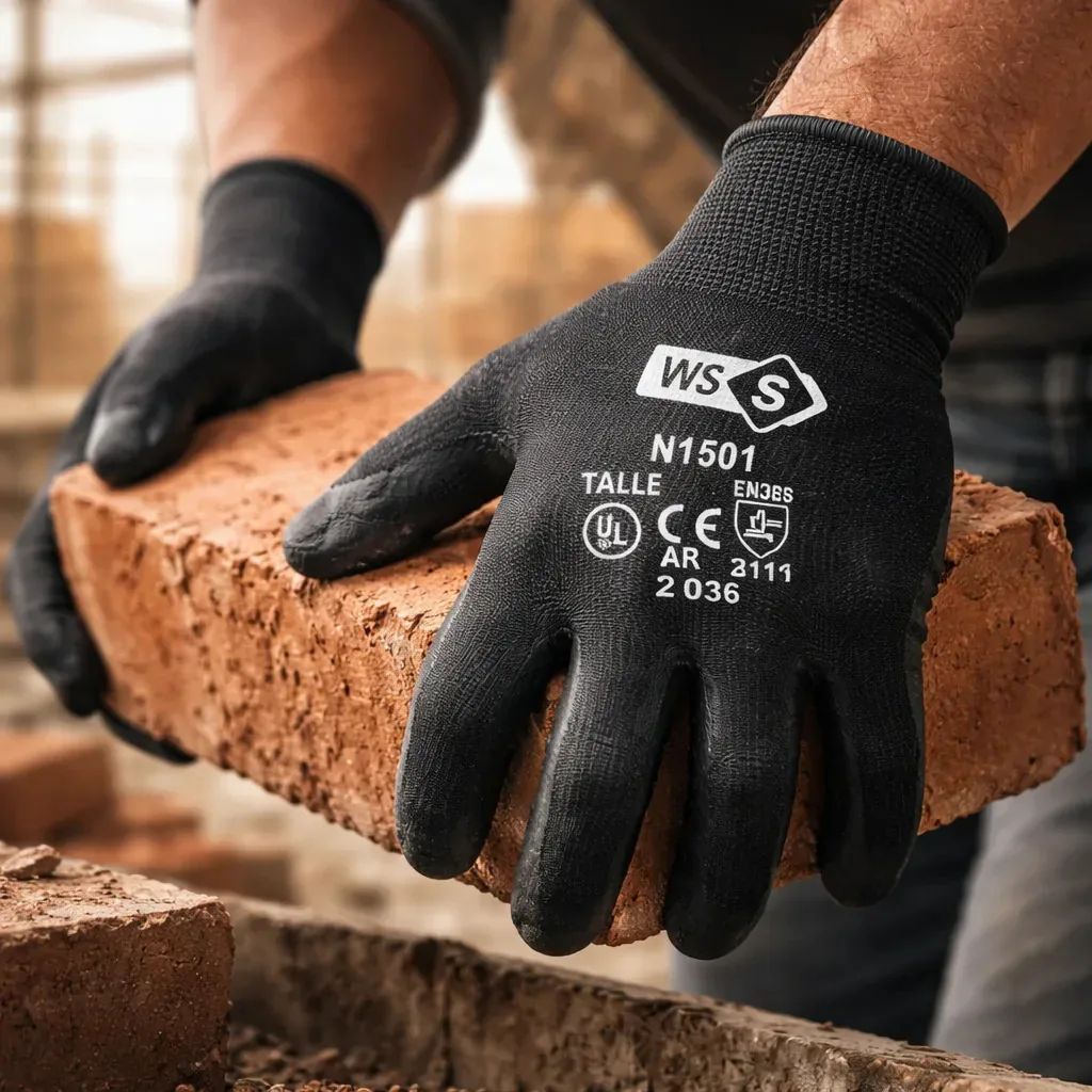 Trabajador con guantes WorkSafe de nitrilo negros levantando un ladrillo en una obra